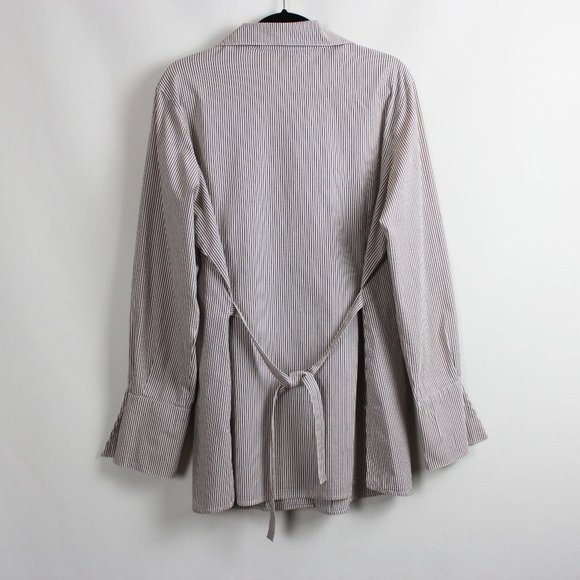 Ashley Stewart Tan Vertical Stripe Sash Tie Button-down Shirt - Picture 15 of 15